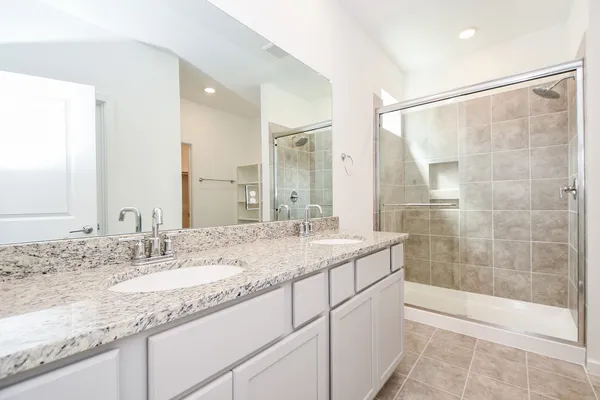 a bathroom with a granite countertop sink a shower and a mirror