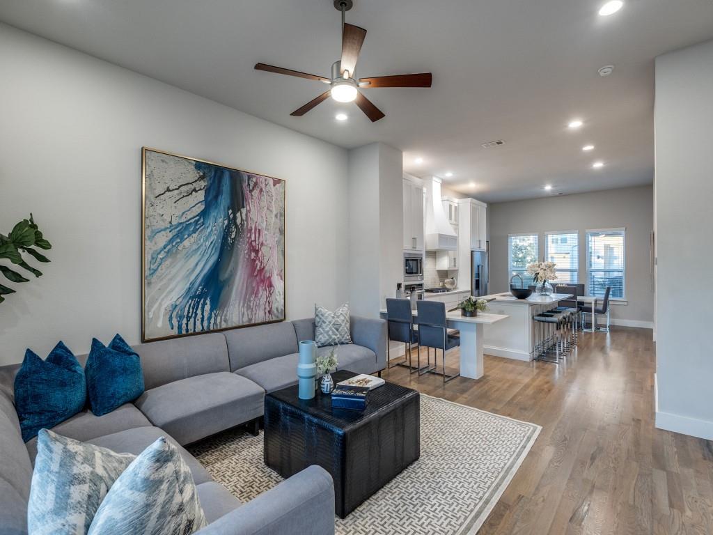 1129 Manderly Court Dallas, TX 75204 - Photo 12 of 33 Living area featuring light wood-style flooring, recessed lighting, and a ceiling fan