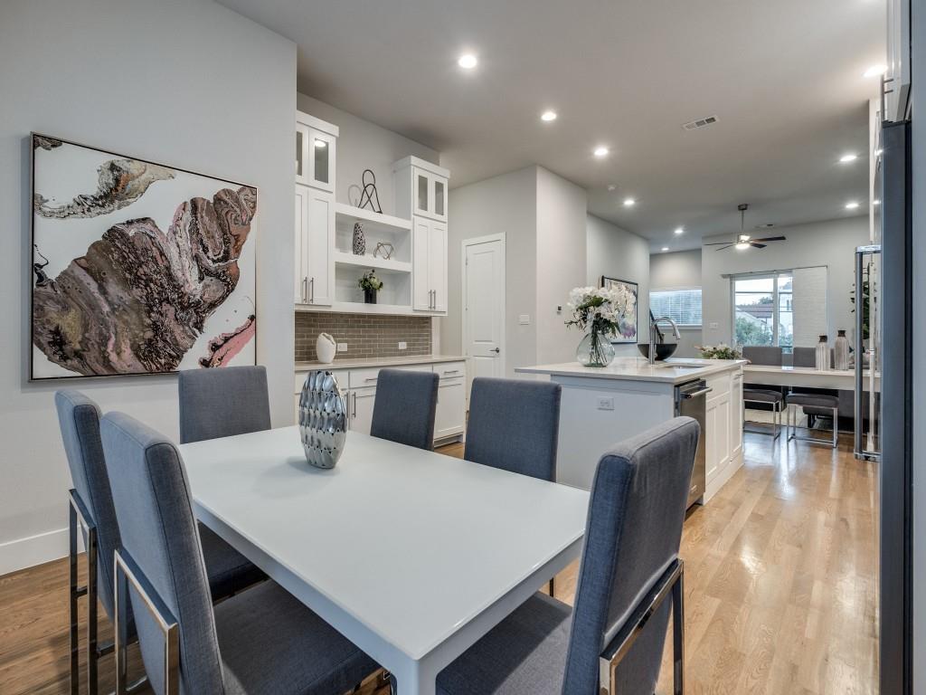 1129 Manderly Court Dallas, TX 75204 - Photo 17 of 33 Dining area featuring light wood finished floors, recessed lighting, and a ceiling fan