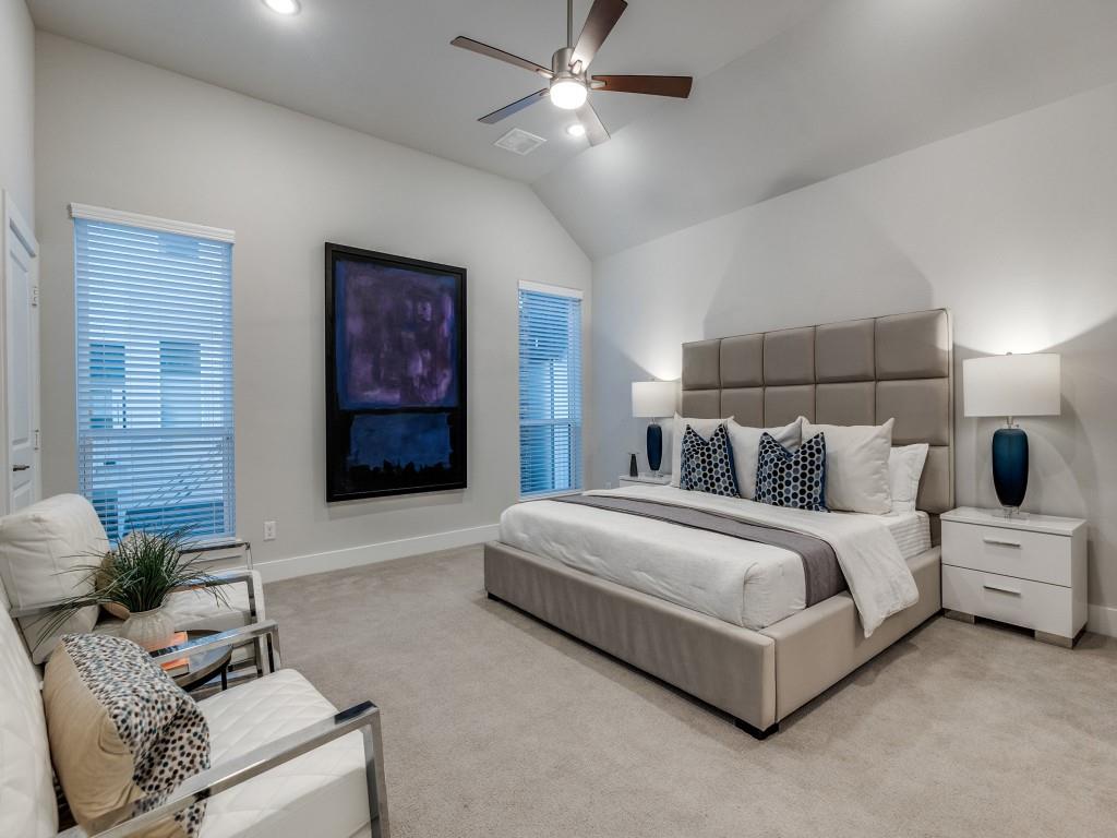 1129 Manderly Court Dallas, TX 75204 - Photo 19 of 33 Carpeted bedroom with vaulted ceiling, ceiling fan, and recessed lighting