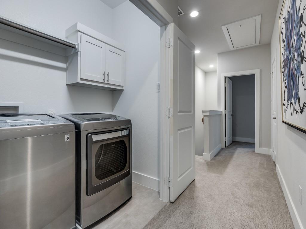 1129 Manderly Court Dallas, TX 75204 - Photo 23 of 33 Laundry area featuring separate washer and dryer, light carpet, attic access, cabinet space, and recessed lighting