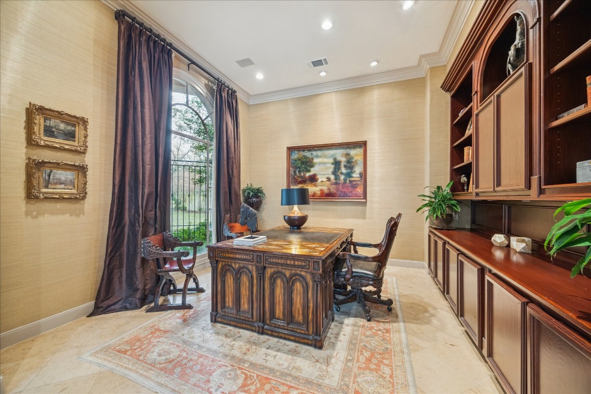 6 Mott Lane Houston, TX 77024 - Photo 6 of 49 Study with built-ins, designer curtains and arched window overlooking lush landscaped front yard