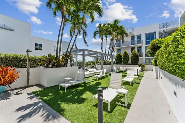 a view of a patio with couches table and chairs potted plants and palm tree