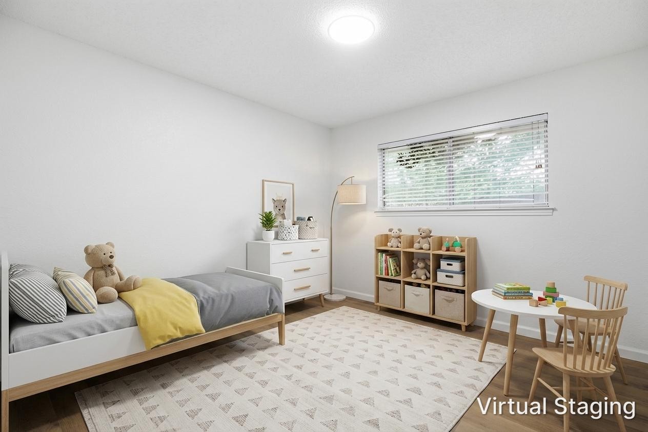 A well-lit bedroom features hardwood flooring and a broad window.