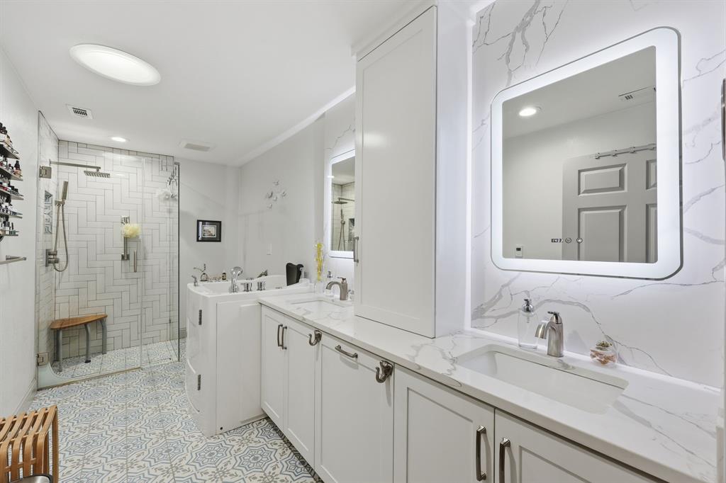 4000 Post Oak Road Flower Mound, TX 75022 - Photo 33 of 40 Guest house - Primary bathroom featuring double sinks and vanities, led lighting, heated floors, a stall shower, separate MediTub, and recessed lighting