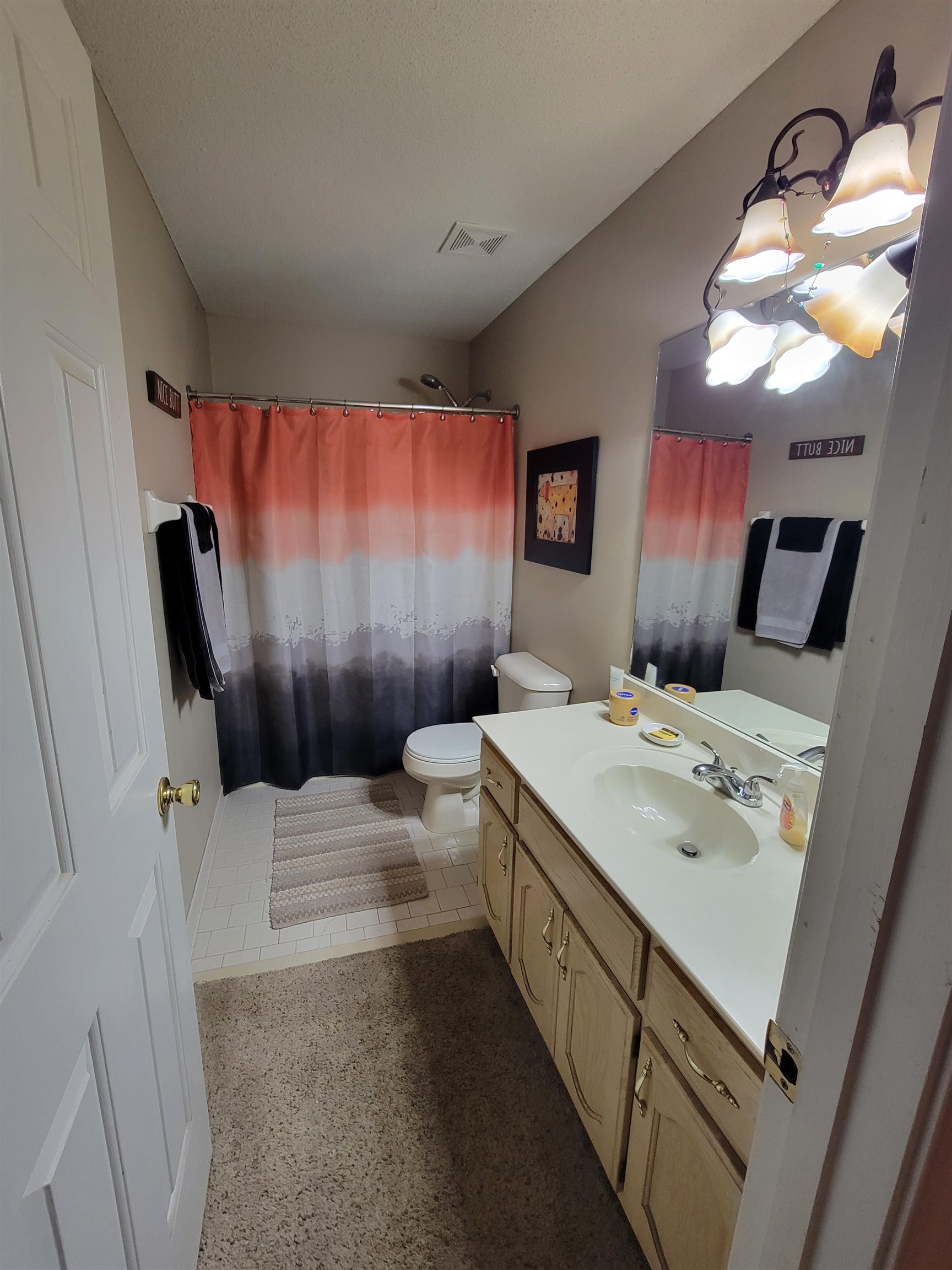 7926 Macon Road Cordova, TN 38018 - Photo 8 of 15 Full bath with vanity, a shower with shower curtain, and a textured ceiling