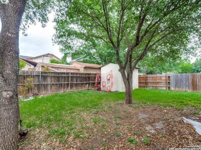 a view of backyard with large trees and wooden fence