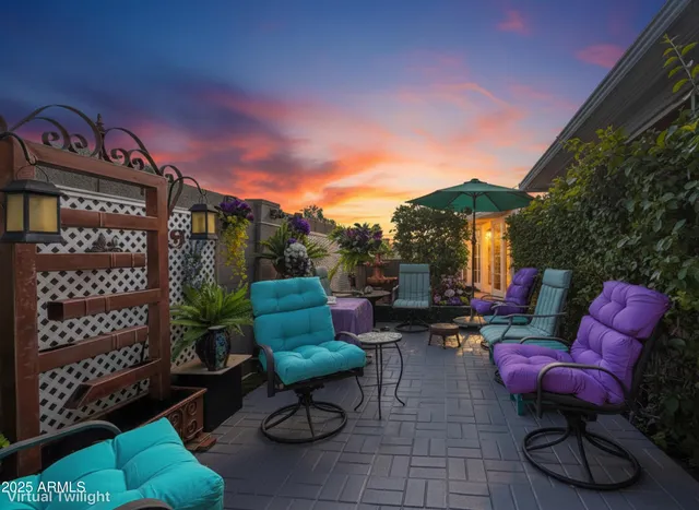 a view of a chairs and tables in patio