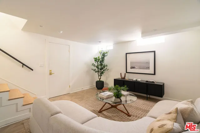a living room with furniture and a potted plant