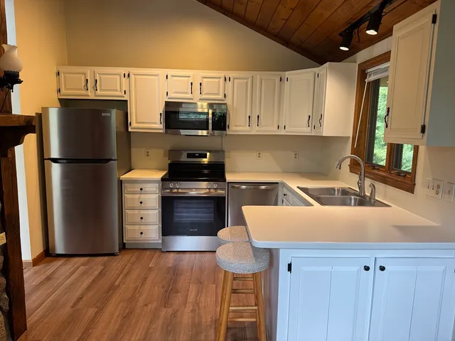 a kitchen with a refrigerator and a sink