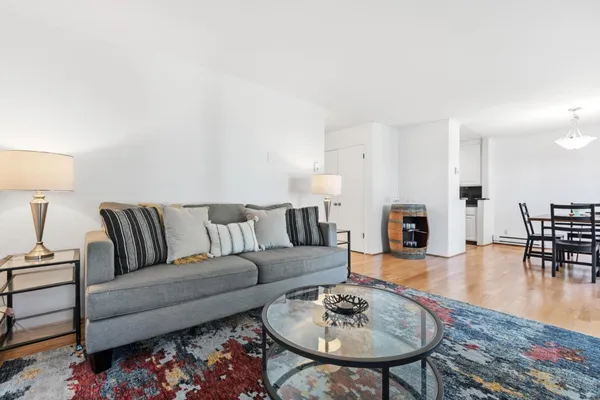 a living room with furniture and a dining table with wooden floor