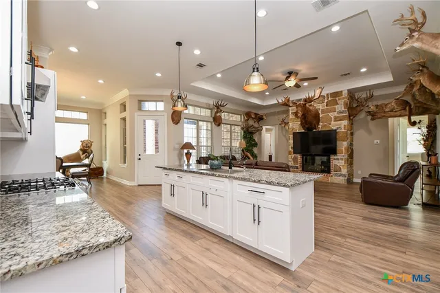 a large kitchen with kitchen island a large counter top space appliances and a view of living room