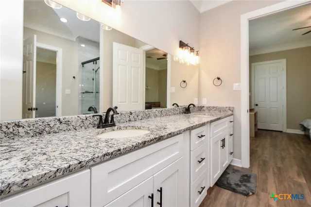 a bathroom with a granite countertop sink and a mirror