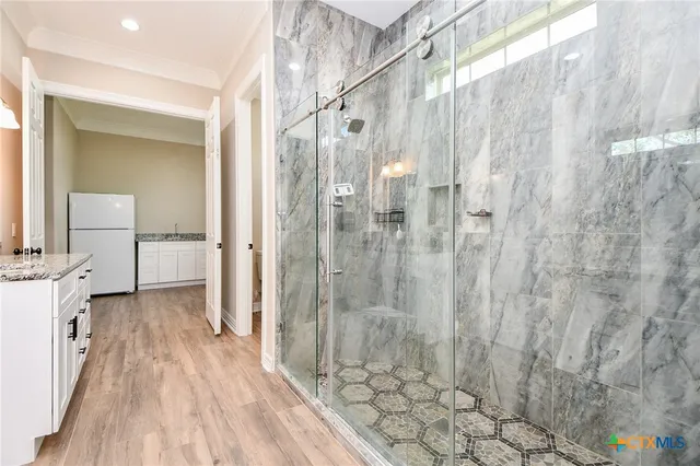 a bathroom with a sink and a shower