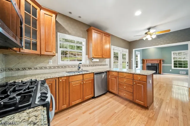 a kitchen with stainless steel appliances granite countertop a stove a sink dishwasher and a microwave oven with cabinets