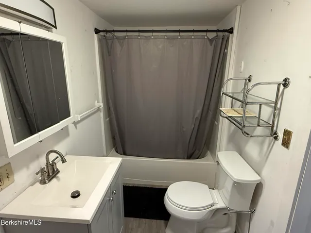 a bathroom with a sink a toilet a mirror and shower curtain