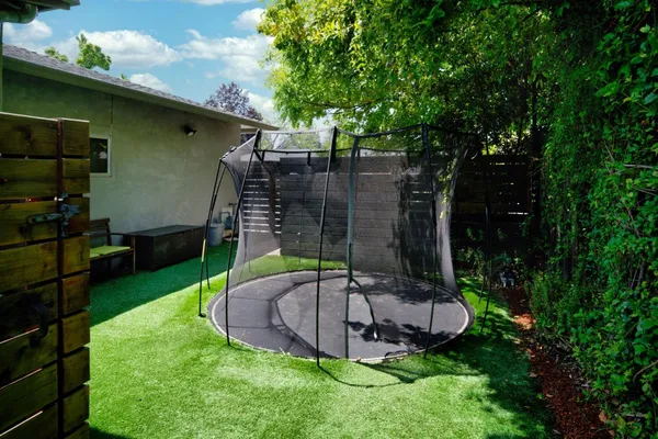 a garden view with a seating space