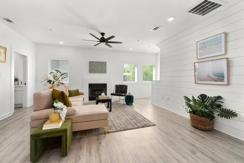 a living room with furniture a fireplace and a potted plant