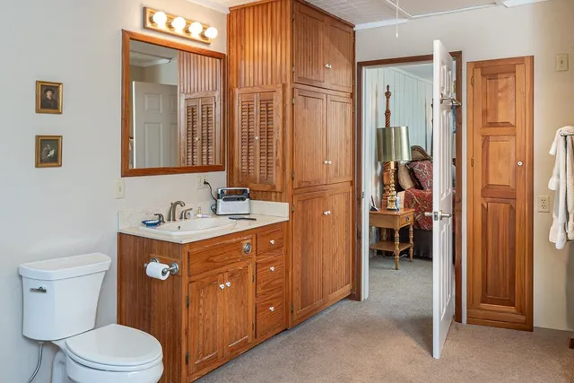 a bathroom with a toilet a sink and mirror