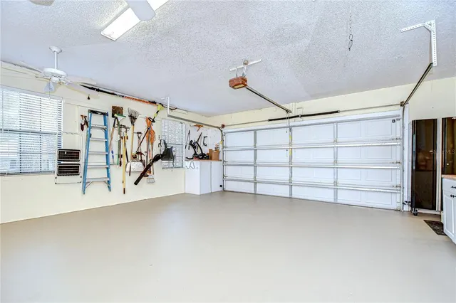 a view of a garage with stairs