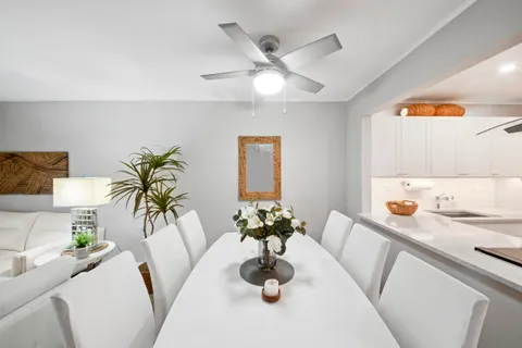 a dining room with furniture and a potted plant