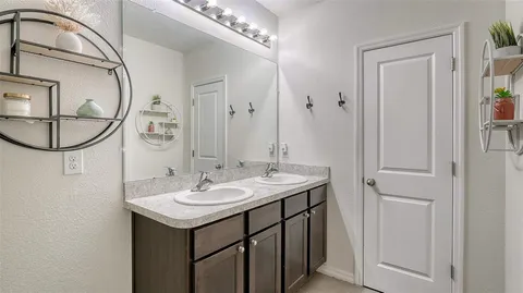 a bathroom with a sink a mirror a vanity and shower