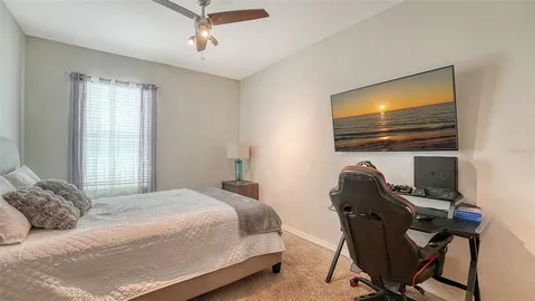 a bedroom with a bed and a desk