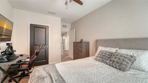 a bedroom with a bed and a flat tv screen on the dresser