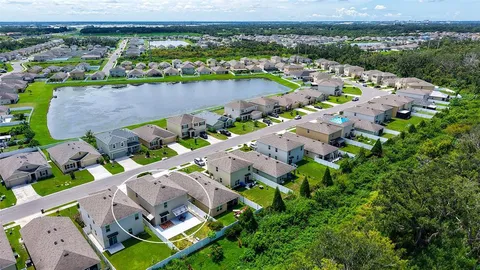 an aerial view of a city with lake view