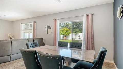 a view of a dining room with furniture window and outside view