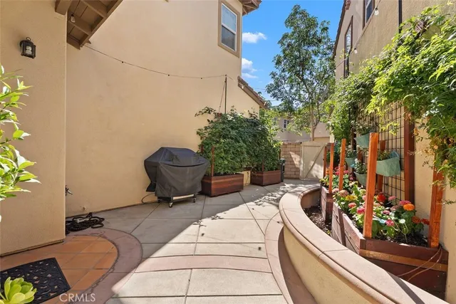 a building outdoor space with patio furniture