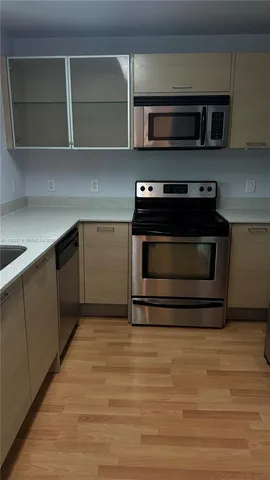 a kitchen with stainless steel appliances a stove and a microwave
