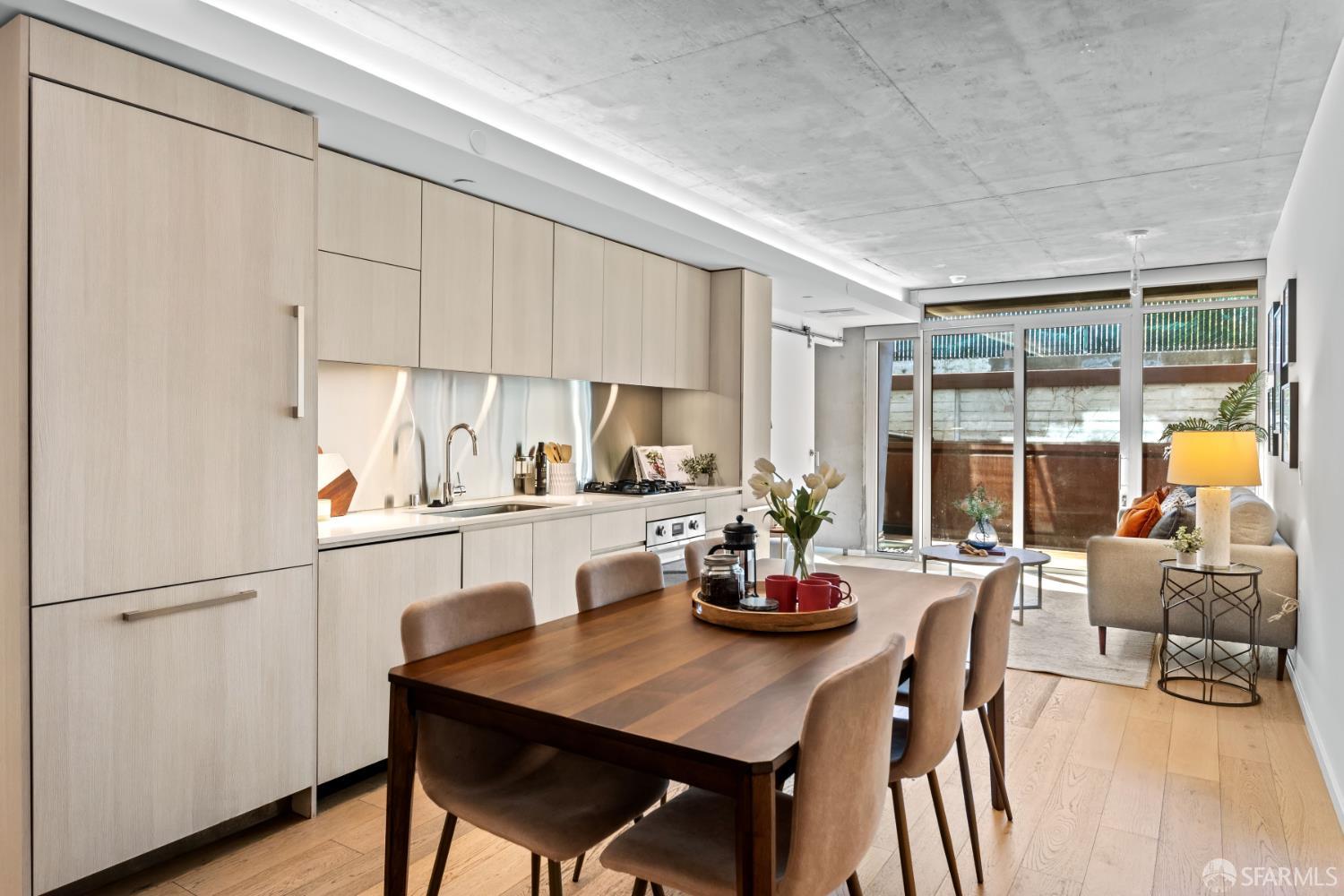 338 Potrero Avenue, Unit 206 San Francisco, CA 94103 - Photo 3 of 22 a kitchen with a table chairs refrigerator and cabinets