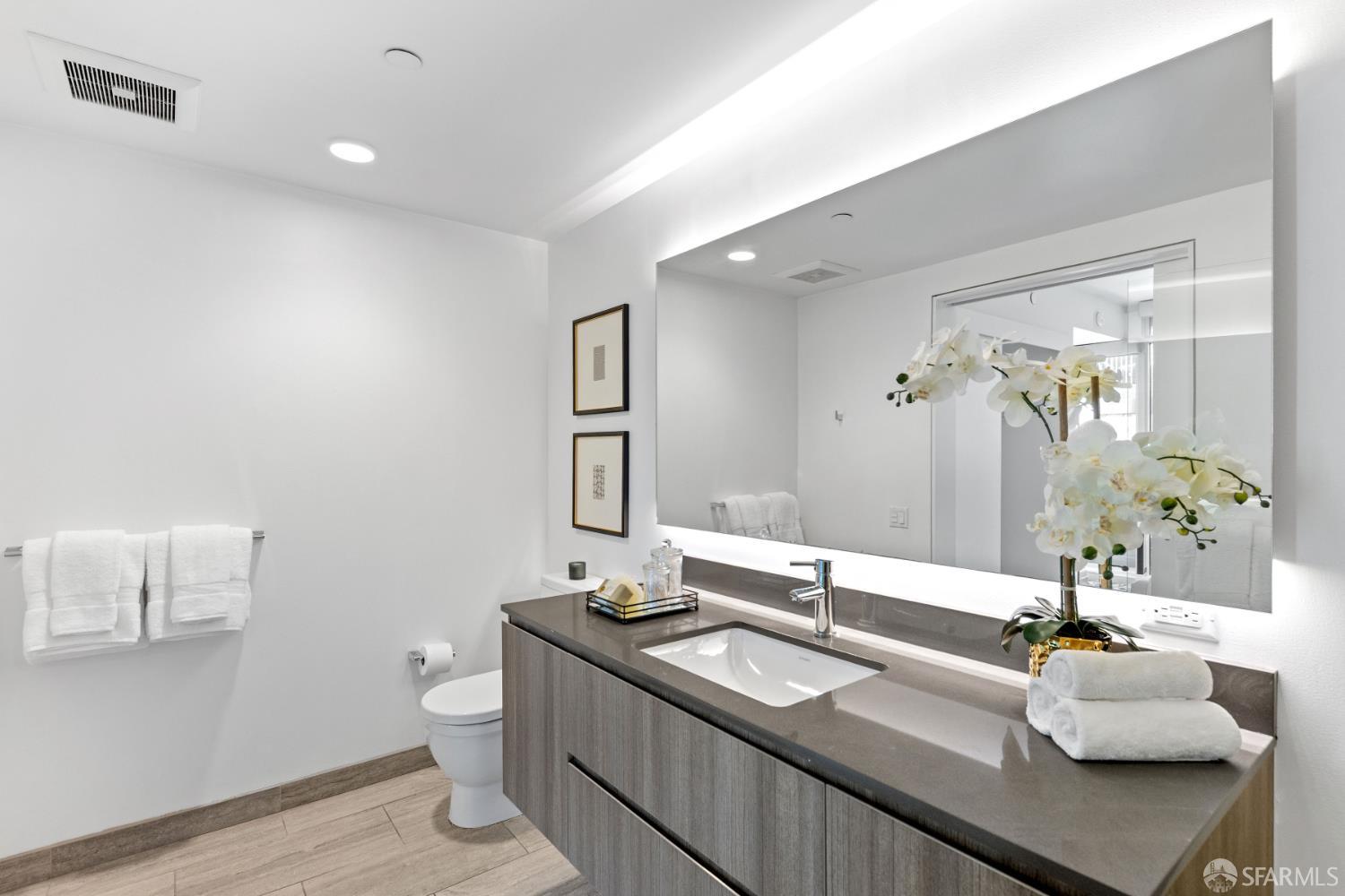 338 Potrero Avenue, Unit 206 San Francisco, CA 94103 - Photo 10 of 22 a spacious bathroom with a granite countertop sink and a mirror