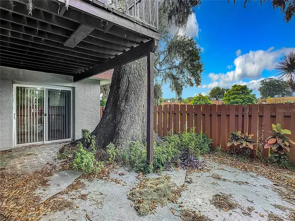 a view of a backyard with plants and wooden fence