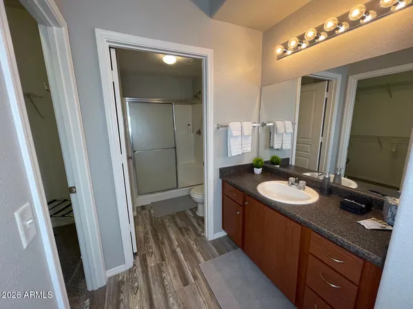 a bathroom with a sink a mirror and a shower