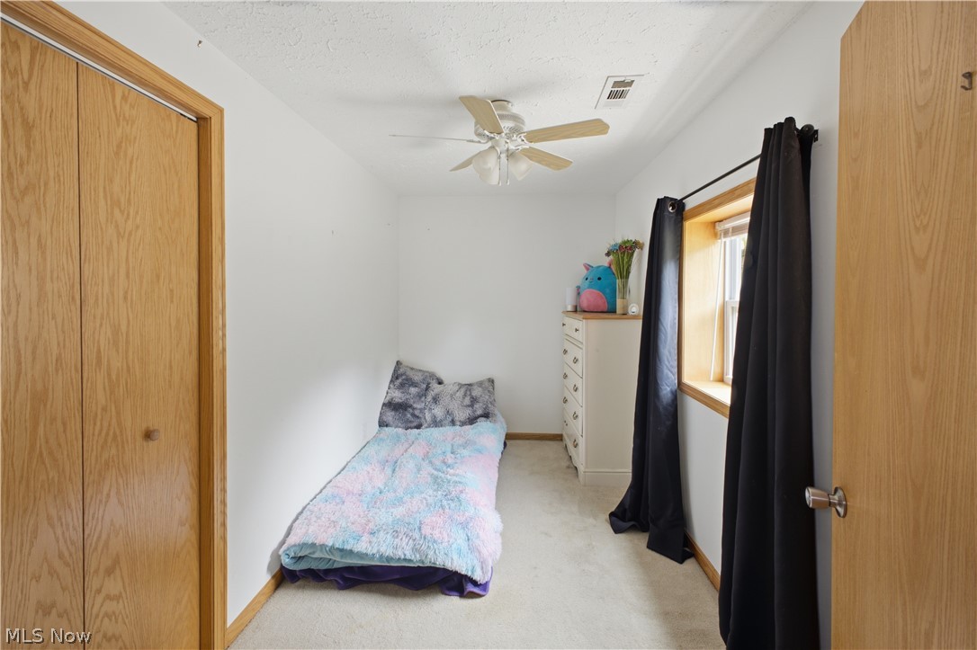 1057 Center Road Clinton, OH 44216 - Photo 9 of 24 Neutral-toned carpeting, a window with wood trim, and a ceiling fan with integrated lighting