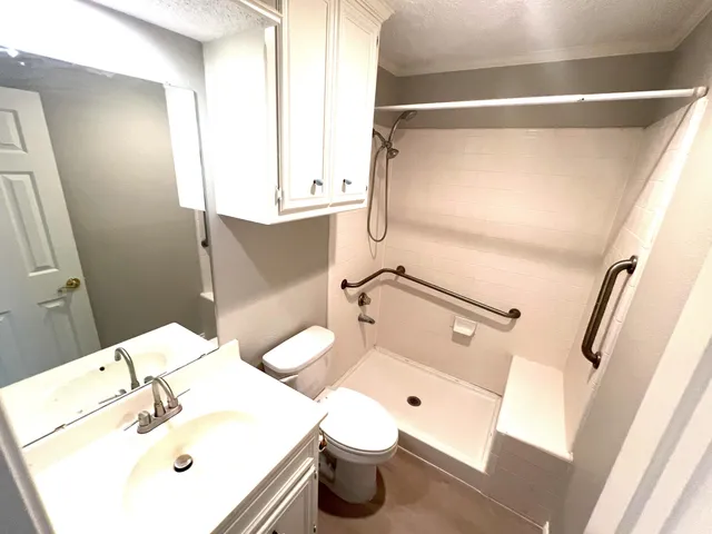 a bathroom with a sink a toilet and shower