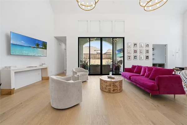a living room with furniture and a floor to ceiling window