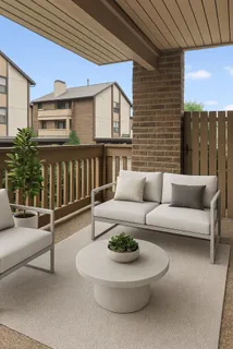 a building outdoor space with patio furniture and potted plants
