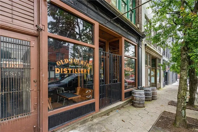 a city view with tall buildings