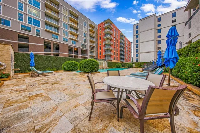 a view of a swimming pool with a garden