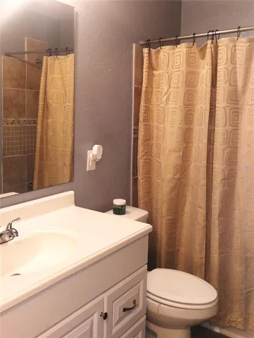 a bathroom with a sink a toilet and shower curtain
