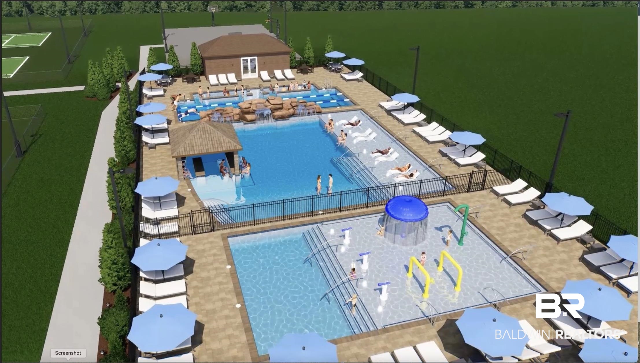 8137 Pine Run Daphne, AL 36527 - Photo 64 of 67 Resort-style pool complex featuring a main swimming pool, a dedicated splash pad with water features, a separate pool with in-water lounge seating, and a poolside cabana bar