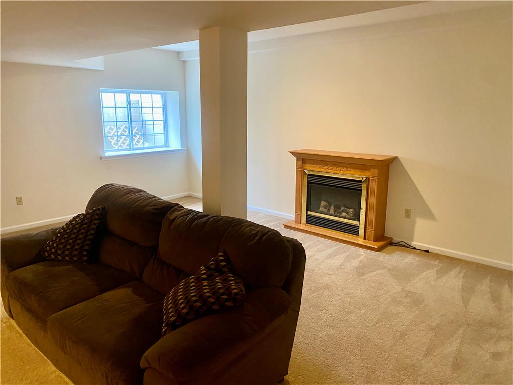 5494 Spring Ridge Drive West Macungie, PA 18062 - Photo 12 of 14 A cozy fireplace highlights this carpeted basement living space with daylight windows.