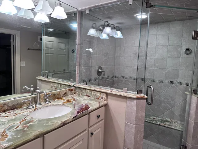 a bathroom with a sink a large mirror and a shower
