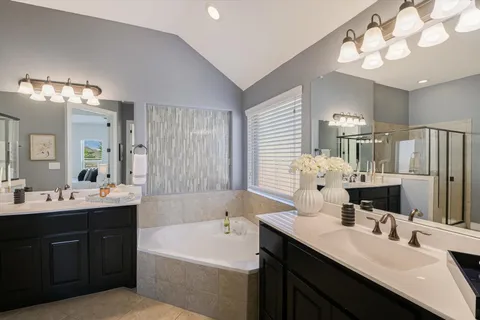 a bathroom with a sink double vanity granite tub shower and a mirror