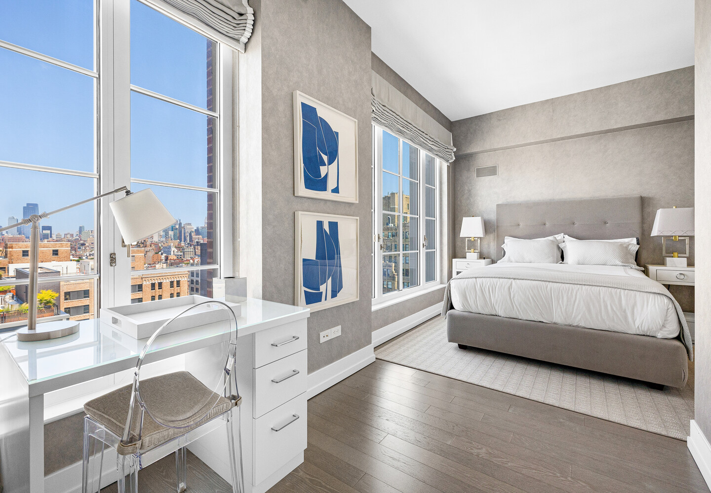 70 Charlton Street, Unit PHC Manhattan, NY 10014 - Photo 9 of 18 a bedroom with furniture and a large window