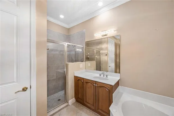 a bathroom with a bathtub shower sink vanity and mirror