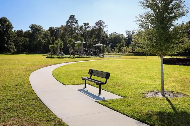 a view of a park with a slide